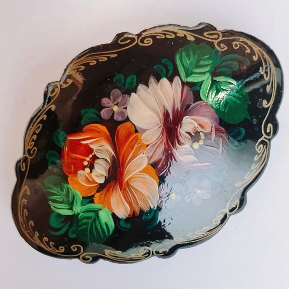 Unusual VTG Signed Russian Brooch Hand Painted Lacquer Papier Mache Floral Folk - Picture 7 of 10